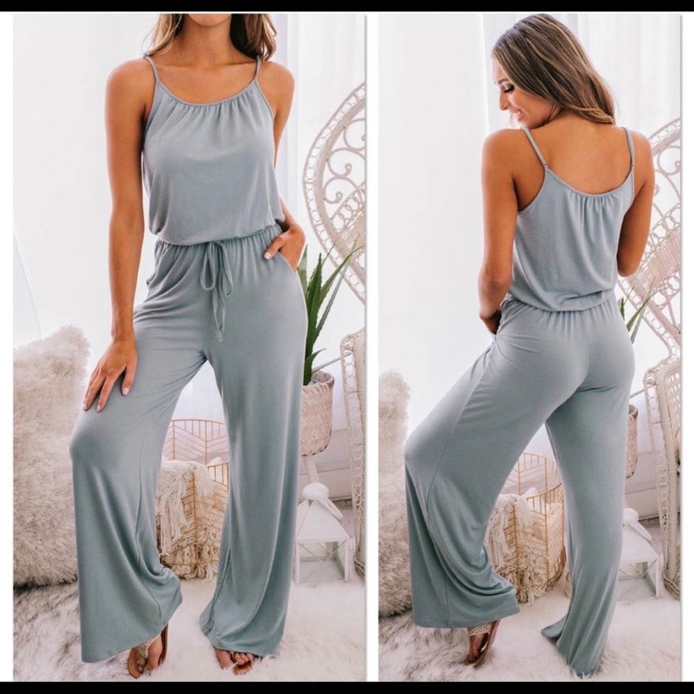 New! Light Green Soft Spaghetti Strap Jumpsuit - Picture 3 of 3